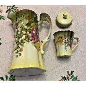 Antique Bavaria A. Koch Signed Grape Chocolate Pot & Cup Set Art Nouveau